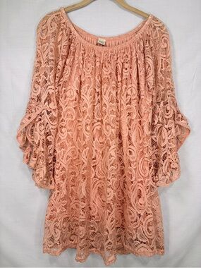 Dusty Rose Pink Full Lace Tunic Top Flowy Bell Sleeves - L / XL